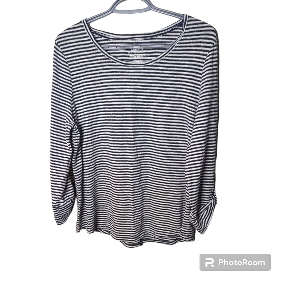 Chico's Black and White Striped Long Sleeve Tee